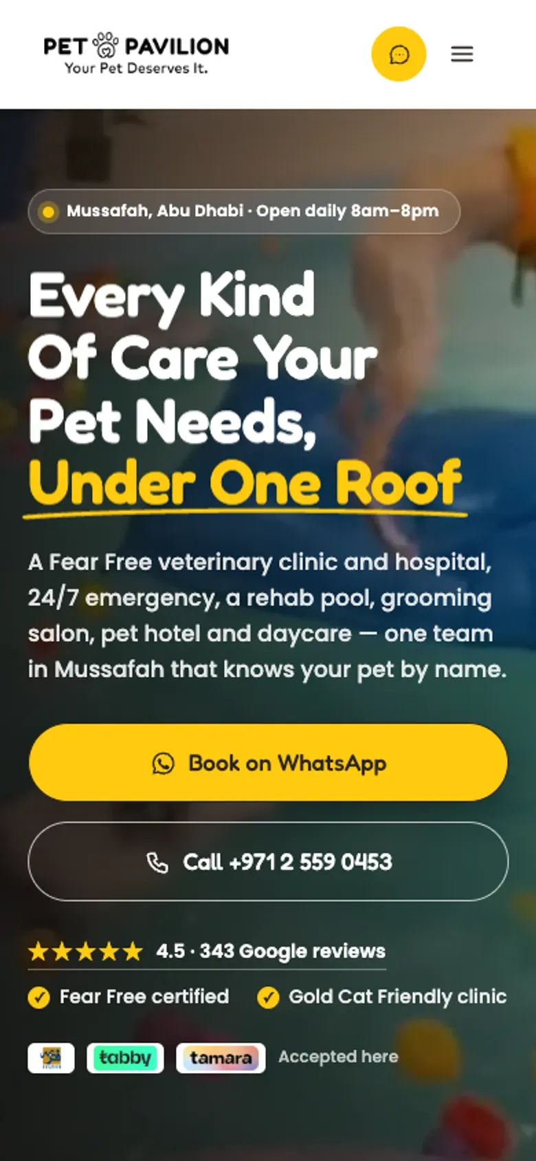 Pet Pavilion website on a phone